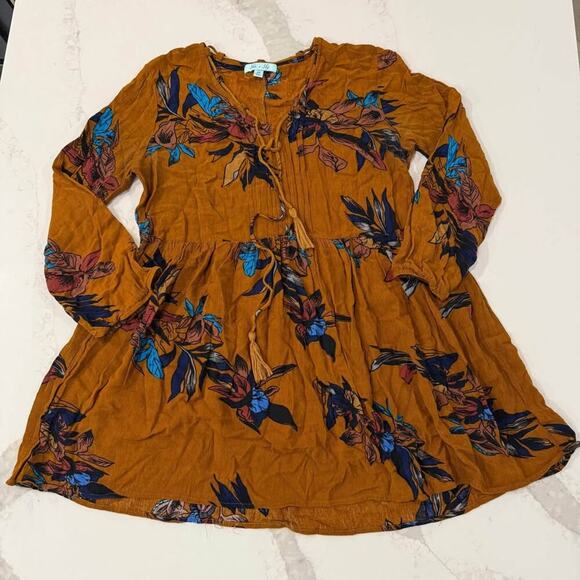 She + Sky Floral Tassle V-Neck Peasant Blouse Women’s Medium Mustard Yellow Boho - Picture 1 of 6